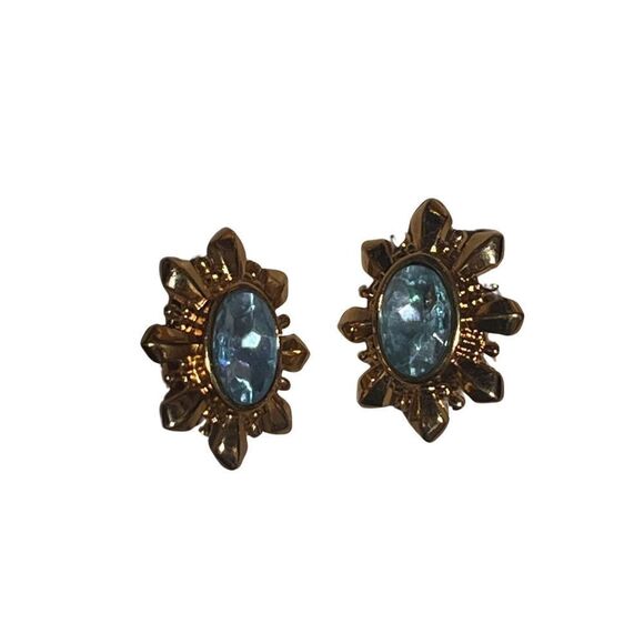 Vintage Avon Gold Tone Starburst Blue Rhinestone Clip On Earrings - Picture 8 of 11